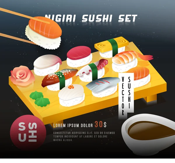 Design de postere Vintage Sushi. Ilustrație vectorială a unui negru așezat pe vas cu ghimbir și wasabi. Mâncare japoneză. Meniu acoperire fundal . — Vector de stoc