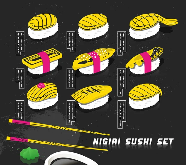 Conjunto de ilustración vectorial de nigiri sushi en estilo sketch. Cubierta de comida japonesa para el menú. Arte imprimible con efecto pizarra . — Archivo Imágenes Vectoriales