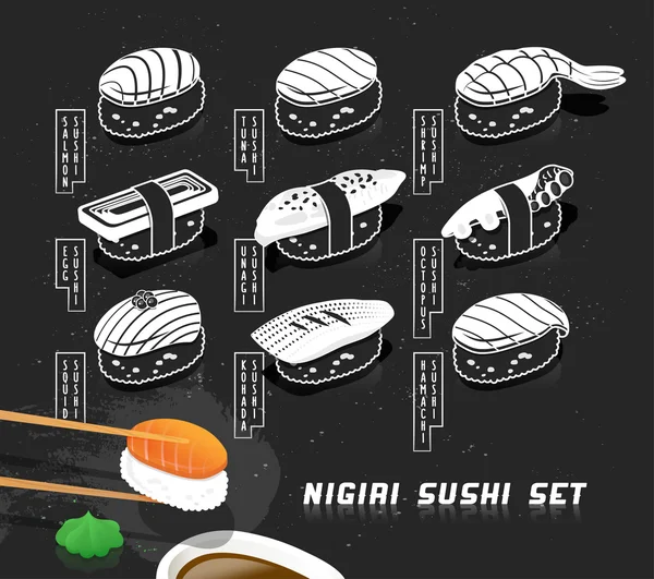 Vektor Illustration Set von Nigiri Sushi im Skizzenstil. japanisches Essen für die Speisekarte. Druckbare Kunst, Kreideeffekt. — Stockvektor