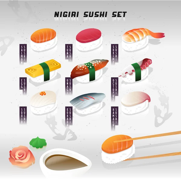 Un set mare de ilustrații vectoriale ale unui sushi de negri. Mâncare japoneză. Capac de meniu cu textura . — Vector de stoc