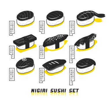 Vektör Japon yemekleri çizim. Nigiri suşi kroki tarzı dizi.