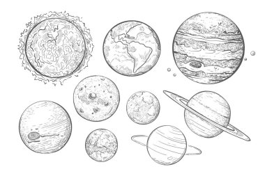Güneş Sistemi gezegenleri izole edilmiş vektör. İzole edilmiş gezegenler, çizim tarzı. Güneş, Mars, Dünya.