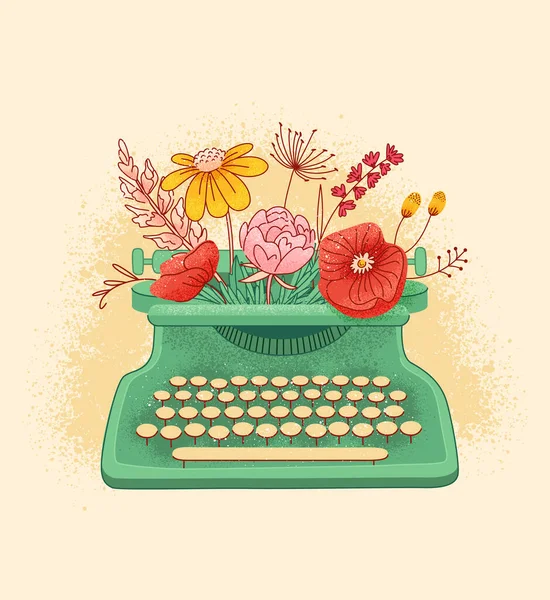 Máquina de escribir vintage con flores. Tarjeta romántica del humor, composición de la camiseta. — Vector de stock