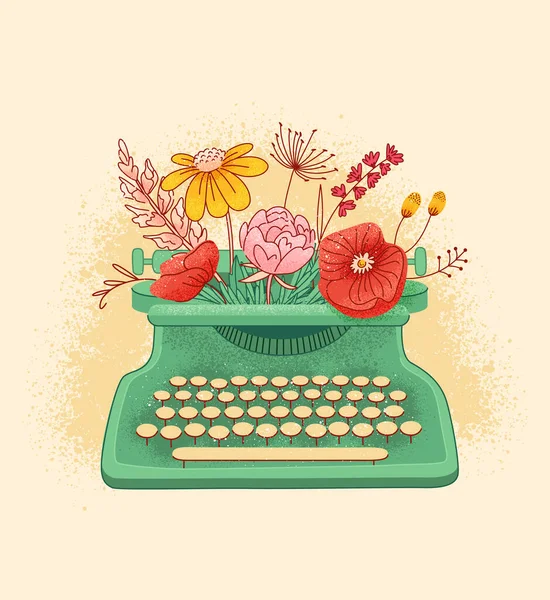 Machine à écrire vintage avec des fleurs. Carte d'humour romantique, composition du t-shirt. — Image vectorielle