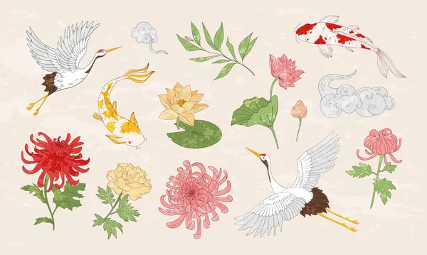 Set de gribouillis japonais. Forfait symboles de la culture asiatique. Croquis chinois. Des grues. Pivoines et hrysanthèmes, lotus à la japonaise, illustration vectorielle — Image vectorielle