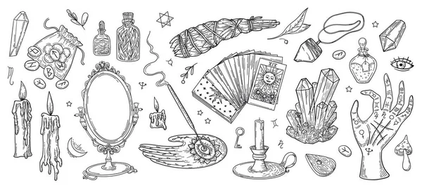 Vector witchcraft set, magic objects and mystery symbols antique mirror, candles, crystals, runes, tarot cards. —  Vetores de Stock