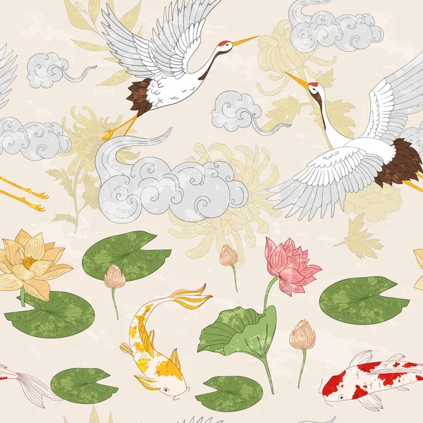 Asian pattern with gold carps, flying cranes and clouds. Pattern in japan style with lotus flowers — стоковый вектор