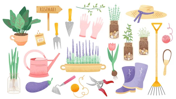 Ensemble d'outils de jardin. Éléments de jardinage isolés vectoriels, ensemble de printemps d'icônes ou d'autocollants de jardin de fenêtre de maison — Image vectorielle