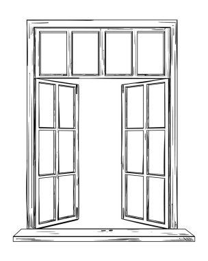 Açık bir pencerenin vektör çizimi, çizim tarzında izole edilmiş bir nesne. Ev penceresini dış illüstrasyona aç.