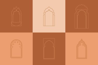 Vektör kemerli ögeler, logolar, amblemler, rozetler için doğrusal stilde farklı pencere, Fas stili. 