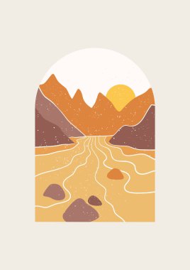 Soyut Peyzaj vektör çizimi. Asgari duvar dekorasyonu, Dijital Doğa Sanatı. Yüzyılın ortalarında, nehir ve dağlı milli parkın modern baskısı.