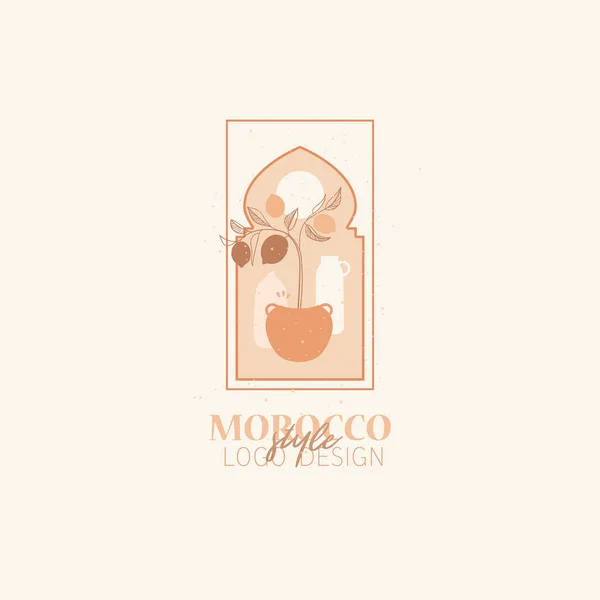 Vektor koncept trendiga båge logotyp med citron träd, linjär stil logotyp med fönster i marockansk stil. — Stock vektor