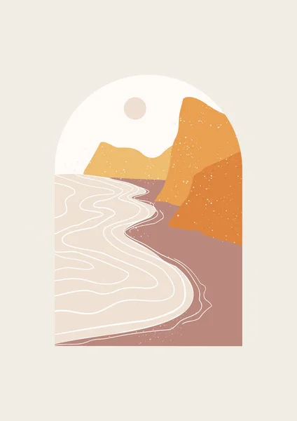 Illustration vectorielle abstraite du paysage. Décor minimaliste d'art mural, Art numérique. Mi-siècle Impression moderne de la côte sablonneuse avec des roches. — Image vectorielle