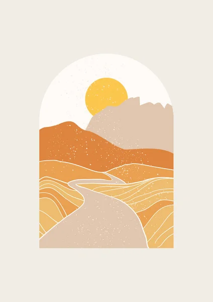 Abstrakt Landskap vektor illustration. Minimal väggkonst inredning, Digital natur konst. Mitten av århundradet Modern utskrift av öken väg med berg. — Stock vektor