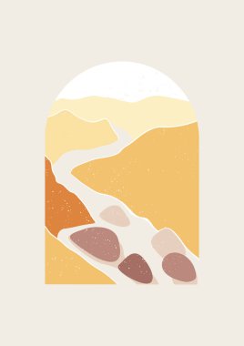 Dağ nehrinin soyut manzara vektör çizimi. Asgari duvar dekorasyonu, Dijital Doğa Sanatı. Yüzyılın ortalarında, nehir ve dağlı milli parkın modern baskısı.