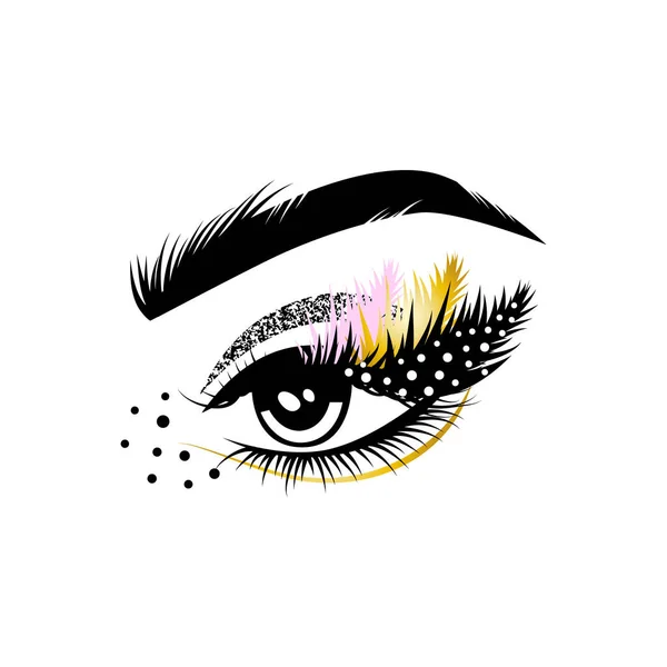 Female eye with long lashes and art make-up. Eyelash extension logo, graphic element. Vector illustration. — Stock Vector