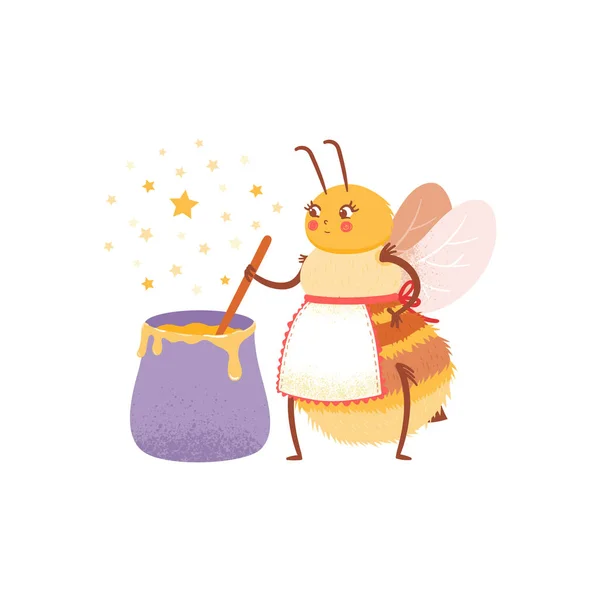Cartoon-Wirtin Biene in Schürze bereitet Honig in einem Kessel zu. Die Kinderfigur des Bienenkochs auf weißem Hintergrund im flachen Stil, isoliertes Design. — Stockvektor