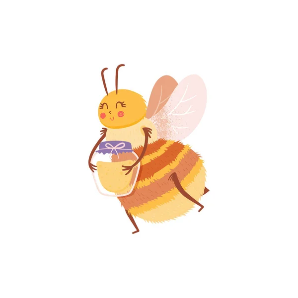 Personaje de dibujos animados insecto abeja voladora con un tarro de miel en estilo plano. Miel de abeja vector personaje diseño aislado. — Archivo Imágenes Vectoriales