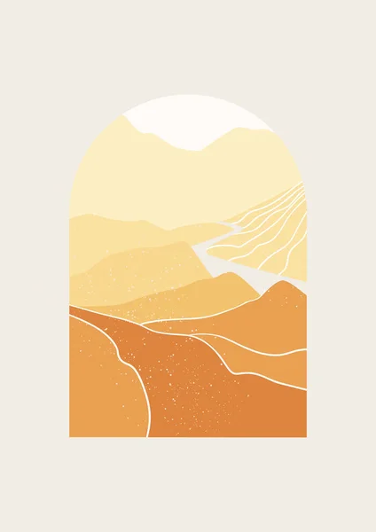 Abstract Landschap vallei van bergen vector illustratie. Minimale muur art decor. Midden eeuw Moderne print van nationaal park met rivier en bergen. — Stockvector