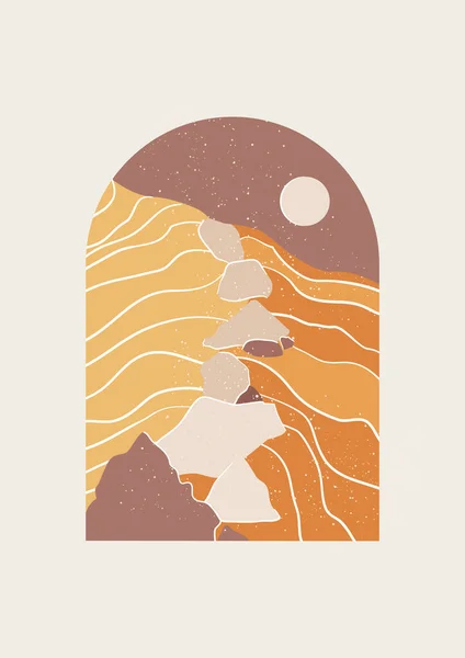 Paesaggio astratto di illustrazione vettoriale del deserto. Metà Secolo Stampa moderna di deserto e rocce. — Vettoriale Stock