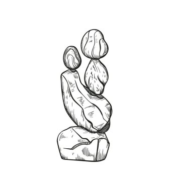 Kaya Dengeleyici vektör çizimi. Taş istifleme sanatı, eskiz stili baskı. Cairn taşları. Kayaları dengelemek ve istif etmek.