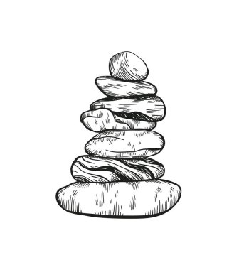 Taşlar vektör çizimini dengeleyen çakıl taşları. Taş istifleme sanatı, eskiz stili baskı. Cairn taşları. Kayaları dengelemek ve istif etmek. 