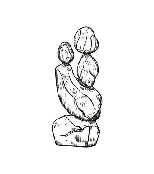 Rock Equilibrio ilustración vectorial. Piedra apilamiento arte, boceto estilo impresión. Piedras Cairn. Equilibrio y apilamiento emblema rocas. — Vector de stock