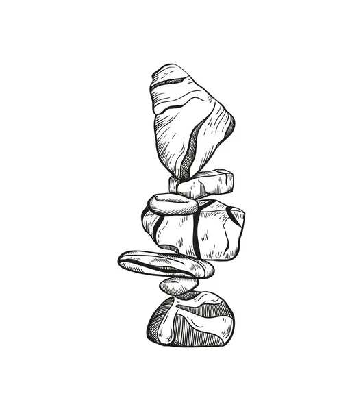 Rock Equilibrio ilustración vectorial. Piedra apilamiento arte, boceto estilo impresión. Piedras de Cairn. — Vector de stock