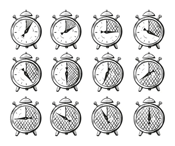 Illustrazione vettoriale di un timer impostato da 5 minuti a un'ora, icone in stile schizzo scarabocchiare per indicare i tempi di cottura e altre azioni che richiedono l'attesa. — Vettoriale Stock