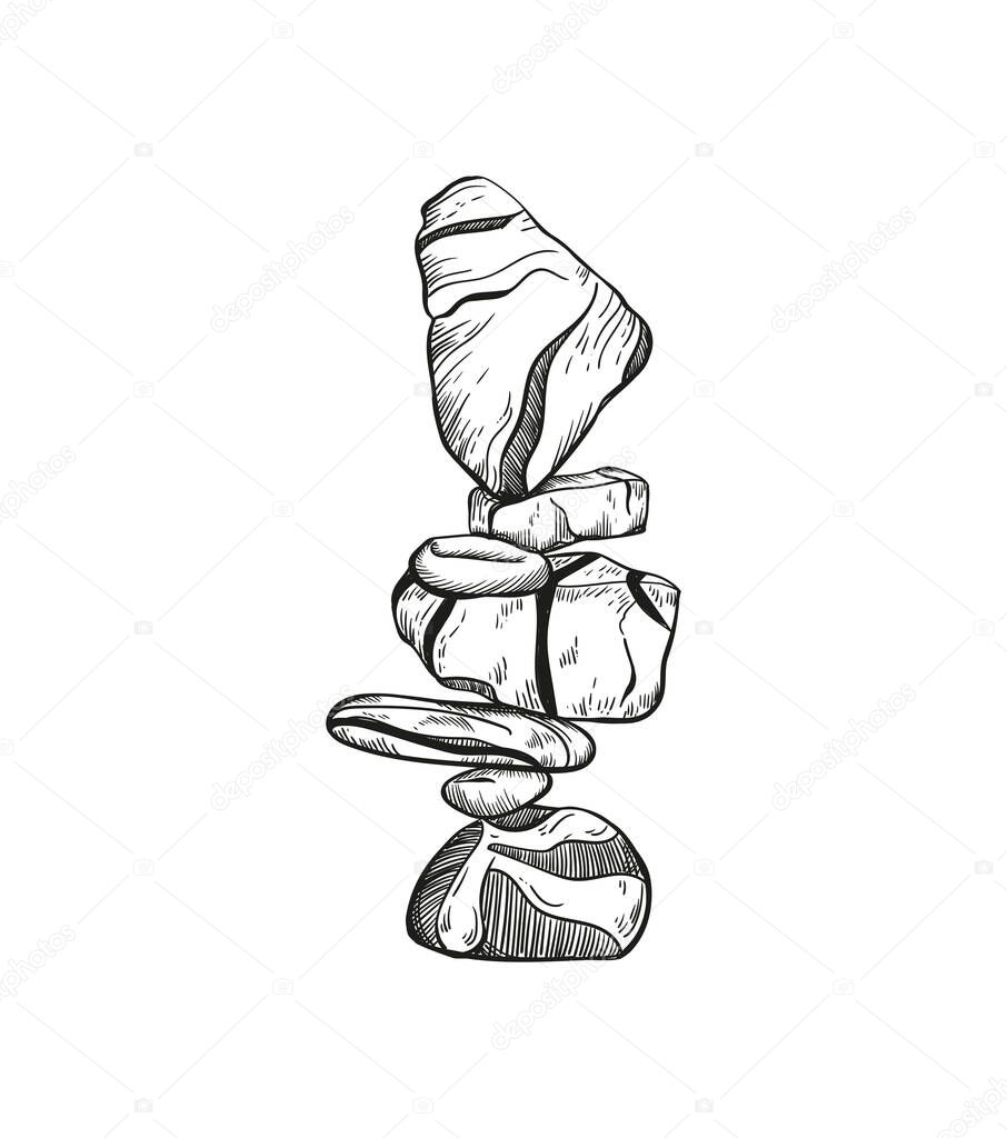 Rock Balancing vector illustration. Stone Stacking Art, sketch style print. Cairn stones.