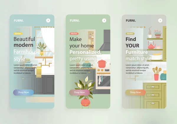 Meubles de cuisine magasin bannières web ensemble. Application conception de bannières vectorielles pour la boutique en ligne de meubles. Accueil intérieur mobile site bannière. — Image vectorielle