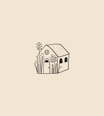 Vektör 3d ev doğrusal amblemi, ev logosu tasarım şablonu. Doodle tarzı şehir binası ikonu. Küçük kır evi sembolleri