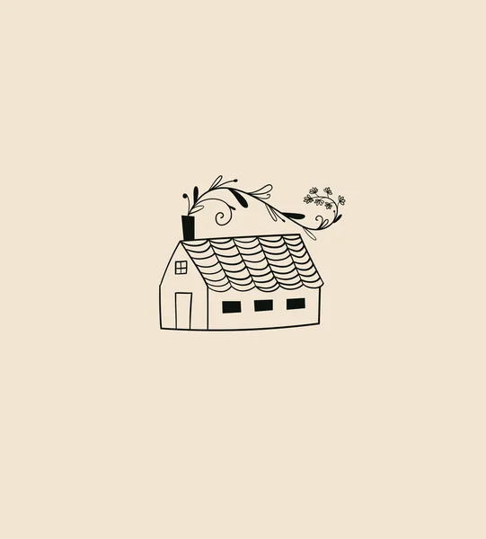 Lambang vektor rumah nyaman linear, templat desain logo rumah. Rumah kecil dengan tanaman - simbol dalam gaya Skandinavia dan minimalis. - Stok Vektor