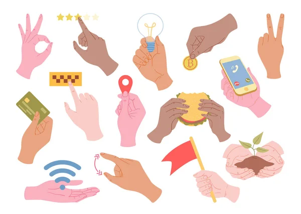 Set di mani vettoriali che tengono cose diverse, gesti delle mani, icone di varie operazioni online con denaro, rating, icona della posizione, segno wai fay. — Vettoriale Stock