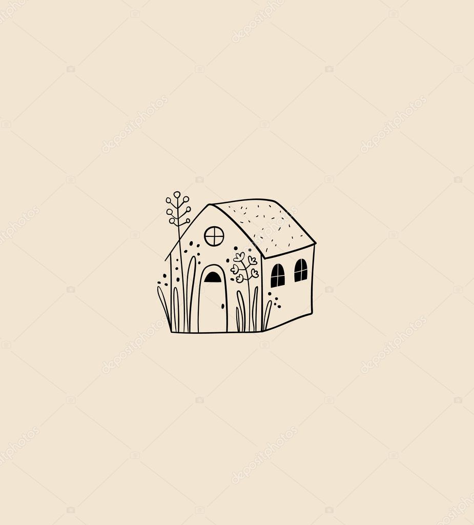 Vector house linear emblem, logo design template. Tiny country house, cottage with plants - symbol in scandinavian and minimalist style. Vector illustration