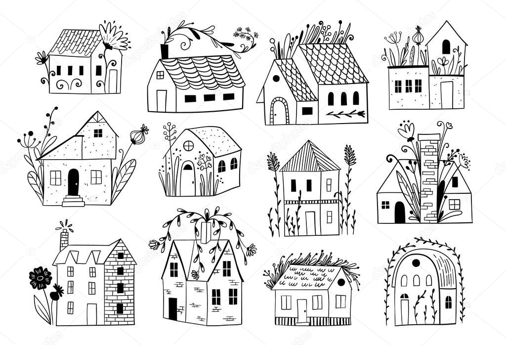 Vector emblems set with linear cozy houses, home logo design templates. Doodle style city bildings icon set.