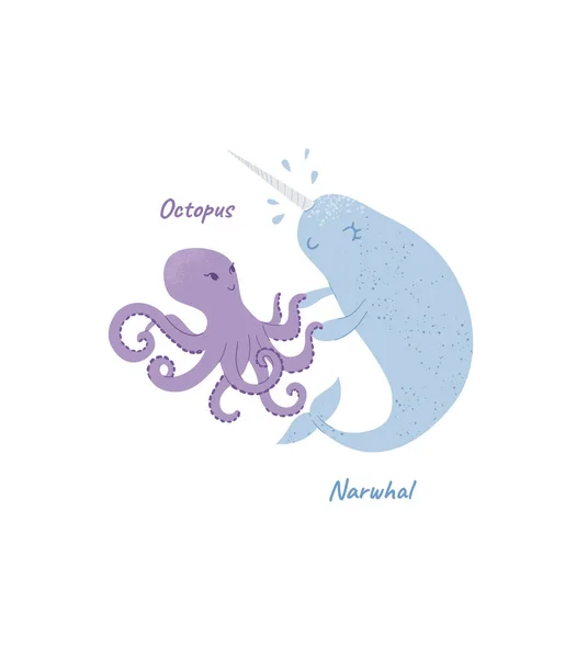 Marine inhabitants cartoon octopus and narwhal isolated sea animals. Vector illustration — Stock Vector
