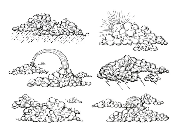 Vektorwetterelemente im Skizzenstil. Illustrationen im gestochenen Stil verschiedene Wolken, Gewitter, Regenbogen, Sonne, Reißverschlüsse, Regen. — Stockvektor