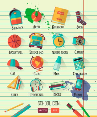 Vektör okul çalışma alanı çizim satırı defter kağıt üzerinde. Eğitim okul Icons set. Düz stil, uzun gölgeler. Lise nesne üniversite öğeleri. Geri okul yaratıcı kartı için genç nesnelerle