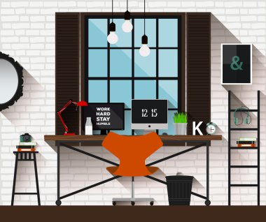 Vektör düz illüstrasyon çatı iç işyerinde. Resepsiyon kavramı. Modern tasarım yaratıcı office çalışma alanının. Simge iş iş akışı öğeleri ve öğeler topluluğu. Evde serbest çalışma alanı.