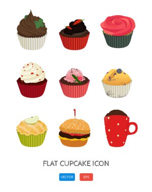 Düz cupcake simgesi. Vektör uygulama Mama seti. Gıda simgeler. Poster dokuz lezzetli tatlılar. Baskı, web için şirin illüstrasyon