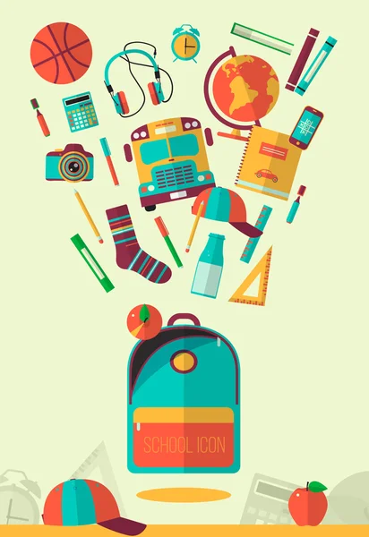 School werkruimte vectorillustratie. Onderwijs en school pictogrammen instellen. Vlakke stijl, lange schaduwen. Object in de middelbare school, college items. Terug naar school. Creatieve banner, kaart met vliegende tiener objecten. — Stockvector