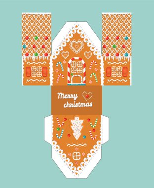Yazdırılabilir hediye gingerbread ev Noel sır elemanları ile. 3 d ev için şablon. Kolay yükleme için - baskı, kesmek, alıp katlayın. Çocuklar için ev 3 d kağıt Craft.Vector resmi 3d şekiller.