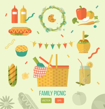 Vector illustration family picnic. Summer, spring barbecue and picnic icons set. Flat style. Snacks, vegetables, healthy food. Party items, decorations. Romantic dinner, lunch for lovers outdoors.