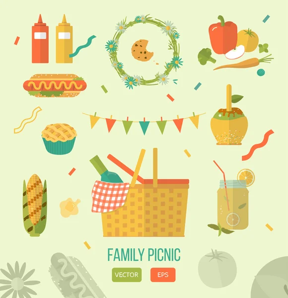 Ilustración vectorial picnic familiar. Set de iconos de verano, barbacoa de primavera y picnic. Estilo plano. Snacks, verduras, comida saludable. Artículos de fiesta, decoraciones. Cena romántica, almuerzo para los amantes al aire libre . — Archivo Imágenes Vectoriales