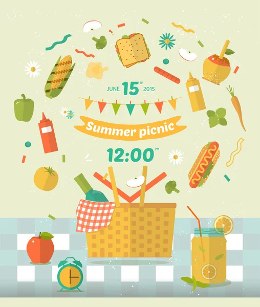 Illustrazione della radura di picnic della famiglia vettoriale. Icone del cibo e del passatempo. Piatto. Oggetto barbecue, articoli da picnic. Progettazione del biglietto d'invito. Bandiera creativa con cibo volante. Ingredienti naturali sulla tovaglia  . — Vettoriale Stock