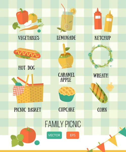 Vector illustration family picnic. Summer, spring barbecue and picnic icons set. Flat style. Snacks, vegetables, healthy food on checkered tablecloth. Party items, decorations, food. Romantic dinner. — Stock vektor