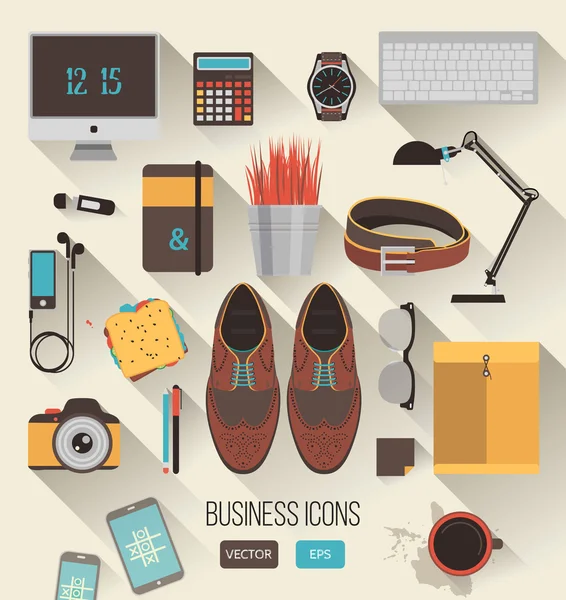 Vector workplace concept. Set of business icons in flat design. Every day carry businessman items collection. outfit accessories, things, tools, devices, essentials, equipment, objects. Man workplace — Stockvector