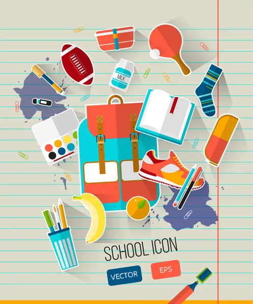 School vector illustration on line notebook paper. Education set of school icons. Flat style, long shadows. High school object college items. Creative card with teenager flying objects. Back to school — Stockový vektor