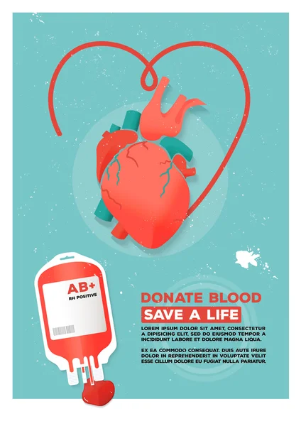 Vector illustration. Creative donor poster. Blood Donation. World Blood Donor Day banner. Human heart and blood bag. Medical design elements. Grunge texture. — Stok Vektör